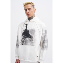 Machinist Clothing Erkek Tumbled Printed Kapüşonlu Sweatshirt Ekru
