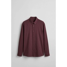 Abluka Online Erkek Oversize Tekstürlü Çizgili Uzun Kollu Gömlek Bordo