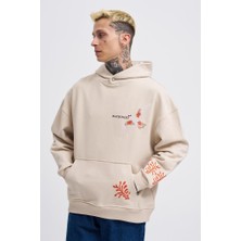 Machinist Clothing Erkek Embroidery Bird Kapüşonlu Sweatshirt Açık Bej