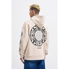 Machinist Clothing Erkek Patched Ethnic Kapüşonlu Sweatshirt Açık Bej
