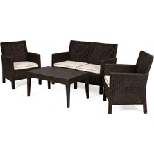 Rainbow Nova Minderli 2+1+1 Sehpalı Rattan Oturma Takımı - Kahverengi / Bej