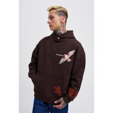 Machinist Clothing Erkek Embroidery Bird Kapüşonlu Sweatshirt Koyu Kahverengi