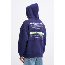 Machinist Clothing Erkek Baskılı Patchwork Kapüşonlu Sweatshirt Gece Mavisi