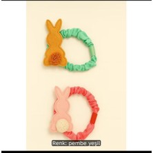 Bodrum Asel Tavşanlı Ikili Toka Seti: Somon/pembe ve Hardal/turuncu Tavşan Figürlü, Ponpon Kuyruklu, Kumaş Lastik Tokalar (Scrunchie).