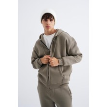 Machinist Clothing Erkek Oversize Fermuarlı Cepli Kapüşonlu Basic Sweatshirt Haki