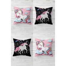 Hype Store Pelangi Sevimli Desenler Gizli Fermuarlı Kırlent Kılıfı Koltuk Yastık Kılıfı TAKIM(4ADET), Pembe-Siyah 45 x 45