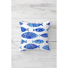 Hype Store Pelangi Mavi Balıklı Çift Tarafı Baskılı Gizli Fermuarlı Yastık Kılıfı Kırlent Koltuk Yastık Kılıfı, Beyaz-Lacivert 45 x 45