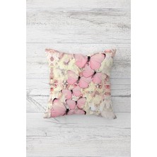 Hype Store Pelangi Pembe Uçuşan Kelebekli Parlak Efektli Çift Taraflı Gizli Fermuarlı Kırlent Koltuk Yastık Kılıfı, Beyaz-Toz Pembe 45 x 45, 24691219445451