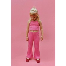 Magu Kız Çocuk Pembe Fitilli Crop Tayt Takım