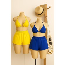 Kadın Sarı ve Mavi Şortlu Belden ve Boyundan Bağlamalı Bikini Takımı