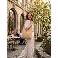 Lts Bag Çizgili Keten Omuz Çantası,cepli Keten Bez Çanta