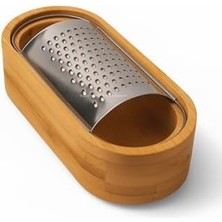 Ahşap Bambu Hazneli, Yatay Oval Metal Bombeli, Çok Amaçlı Ince Rende, 7 x 15,5 Cm, Peynir, Sarımsak, Sebze, Çikolata, Dayanıklı, Pratik Temizlenebilir, Ergonomik Mutfak Rende