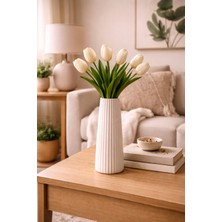 PH01101B 20 cm Modern Seramik Görünüm Dekoratif Vazo Çizgili Minimalist Tasarım, Ev, Ofis Aksesuarı