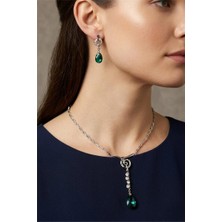 Petek Aksesuar Gümüş Metal Kristal Damla Taş Kolye Küpe Set