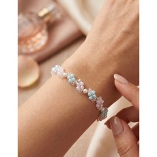 My Balli Store Çiçekli Kristal Boncuk Bileklik - Incili Mavi Pembe Kadın Takı
