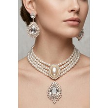 Petek Aksesuar Incili Taşlı Kristal Choker Kolye Küpe Set