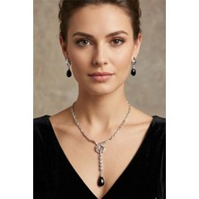 Petek Aksesuar Gümüş Metal Kristal Damla Taş Kolye Küpe Set