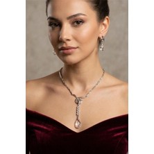 Petek Aksesuar Gümüş Metal Kristal Damla Taş Kolye Küpe Set