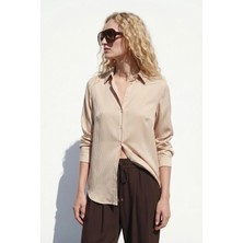 Sateen Çizgi Desen Gömlek - Bej