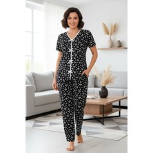 Melonika Kadın Siyah Beyaz Kalp Desenli Kısa Kollu Şık Pijama Takımı