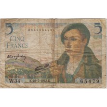 Banknoting Fransa 5 Frank 1943 Ikinci Dünya Savaşı Dönemi. Temiz.