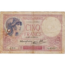 Banknoting Fransa 5 Frank 1939 Alt Kenarda 1 cm Yırtık ve Solda Yanık Deliği Var Temiz(-)