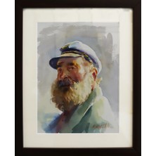 Muguetarts Balıkçı Kaptan Orjinal Suluboya Tablo - Mehmet Najafzadeh Eseri 30X37 cm