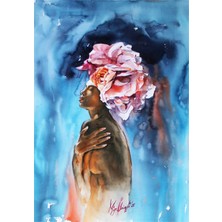 Muguetarts %100 El Emeği Çiçek Taclı Kadın Suluboya Tablo 70X50 cm