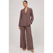 Sbl Design Kadın Vizon Blazer Yaka Düğmeli Bol Paça Cepli Pantolon Ceket Takım