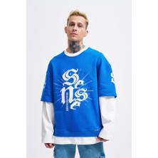 Machinist Clothing Erkek Contrast Layerd Sweatshirt Açık Mavi-Ekru