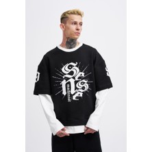 Machinist Clothing Erkek Contrast Layerd Sweatshirt Siyah-Ekru