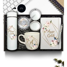 As Gift Kişiye Özel Beyaz Termos & Beyaz Defter & Beyaz Kupa & Krom Ayna & Beyaz Kalem Hediye Seti
