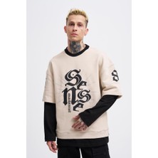Machinist Clothing Erkek Contrast Layerd Sweatshirt Açık Bej-Siyah
