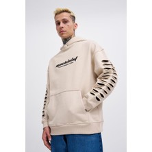 Machinist Clothing Erkek Rıpped Effects Sleeves Kapüşonlu Sweatshirt Açık Bej