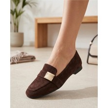 Süet Gold Tokalı Kadın Loafer Babet