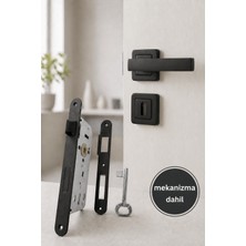 Merkezoğlu Ticaret Mat Siyah Kare Rozetli Oda Kapı Kolu ve 40 mm Sessiz Kilit Seti (Tam Takım)