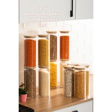 Porsima 4-4 Bambu Vakumlu Kapaklı Yuvarlak Cam 12LI Kavanoz Seti Saklama Kabı 2100ML 10X30CM