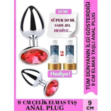 Aşkın Deposu Pıgeon Shoppıng Elmas Taşlı Çelik Anal Plug Tıkaç - 9 cm Uzunluk - 4.4 mm Çap - Orta Boy Elmas Taşlı Süper Çelik Plug Süpriz Hediyeli  2*50 ML JEL