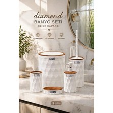 Okyanus Home Diamond 5'li Beyaz Paslanmaz Çelik Banyo Seti – Ahşap Click Kapaklı Şık ve Dekoratif Tasarım