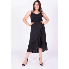 Myline Fırfırlı Uzun Etek Siyah 42 Beden Normal Bel Polyester Rahat Kalıp 34837