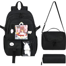 Niss Store Kore Tarzı Ayıcıklı Aksesuarlı Kız Çocuk Ilkokul Çantası Termal Beslenme Çantası ve Kalemlik 3lü Set