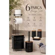Okyanus Home Siyah Ahşap Desenli Luna Kare Banyo Seti ve Yedekli Wc Kağıtlık Modern Tasarım