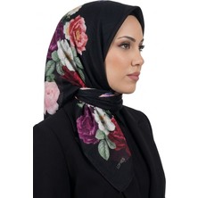 Hadiora Kadın Siyah Zeminli  Pembe Çiçek Desenli Organik Pamuk Soft Eşarp