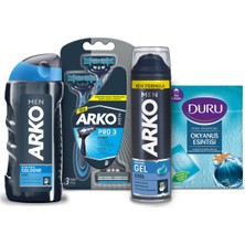 Arko Men Erkek Bakım Seti - Tıraş Jeli 200 ml, Tıraş Bıçağı 3 Adet, Tıraş Kolonyası 200 ml ve Duş Sabunu 600 gr Cool Koku
