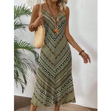 Livizmir Moda Kadın Ip Askılı V Yakalı Desenli Midi Süprem Elbise