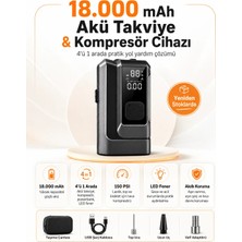 Kılıforyum 18.000mAh Akü Takviye Cihazı ve Hava Kompresörü, 4’ü 1 Arada Taşınabilir Araç Marş Basma Powerbank LED Fener
