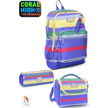 Coral High Kids Mor Sarı Lavanta Çizgi Desenli Dört Bölmeli Okul Sırt Çantası,beslenme Çantası,kalem Çantası Set