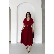 Neşeli Butik Kadın Bordo Şifon Kol Detaylı V Yaka Kemerli Midi Boy Elbise ----NBK085
