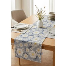 Rona Home Mavi Papatya Desenli Lüks Runner Ranır Kaliteli Dokuma Kumaş Leke Tutmaz Dekoratif Masa Runner Ranır