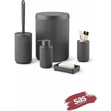 Zenwaya Store Modern 5 Parça Banyo Seti – Çöp Kovası, Wc Fırçası, Sabunluk, Diş Fırçalık ve Sıvı Sabunluk – Mat Banyo Aksesuar Seti – Plastik Ribbed Tasarım